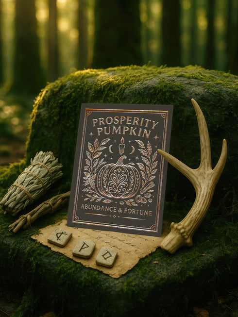 A 5x7 inch Prosperity Pumpkin ritual card shown on a flat surface. The card is made of thick, premium black card stock with a slight sheen. The front features an intricate, centrally-placed pumpkin illustration, ornately detailed with swirling patterns. The pumpkin and surrounding botanical elements, including leaves and cinnamon sticks, are rendered in a shimmering, gold and copper print. The words "Prosperity Pumpkin" and "Abundance & Fortune" are written in a serif font.